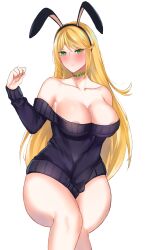 Rule 34 | 1girl, absurdres, animal ears, areola slip, between legs, blonde hair, blush, breasts, choker, cleavage, commission, commissioner upload, crossed legs, curvy, dress, geone, green eyes, hand between legs, highres, large breasts, long hair, non-web source, rabbit ears, rd (ardeee), solo, sweater, sweater dress, thick thighs, thighs, vrchat