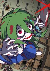 Rule 34 | absurdres, blood, blood on clothes, blood on face, bloody weapon, cleaver, collared shirt, commentary, commentary request, crazy, crazy eyes, detached sleeves, frilled skirt, frills, frog hair ornament, green hair, hair ornament, highres, hrhr gin 357, japanese clothes, kochiya sanae, koishi komeiji&#039;s heart-throbbing adventure, long skirt, looking at viewer, miko, pyonta, red eyes, shirt, shoes, single hair tube, single sidelock, skirt, sleeveless, sleeveless shirt, smile, snake hair ornament, socks, touhou, weapon, white socks