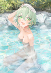 Rule 34 | 1girl, blush, commentary request, completely nude, green eyes, green hair, hair between eyes, highres, io (io oekaki), looking at viewer, nude, onsen, open mouth, original, outdoors, partially submerged, short hair, sitting, smile, solo, steam, towel, towel on head, water