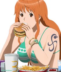 Rule 34 | 1girl, bare shoulders, big mac, bikini, bikini top only, blush, box, bracelet, breasts, brown eyes, burger, cleavage, collarbone, earrings, eating, eyelashes, eyeliner, female focus, food, fries, green bikini, ice cream, jewelry, ketchup, large breasts, lips, log pose, long hair, makeup, mcdonald&#039;s, mjsdrws, nami (one piece), one piece, open mouth, orange hair, pink lips, shiny clothes, shiny skin, sideboob, solo, swimsuit, tagme, tattoo, teeth, toei animation, toei company, underboob, upper body, upper teeth only, very long hair, white background, white trim, wristband