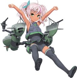 Rule 34 | 1girl, ahoge, armpits, arms up, black shorts, black skirt, black thighhighs, black vest, boots, bow, comandante cappellini (kancolle), dark-skinned female, dark skin, full body, green bow, green eyes, hair bow, jiji (aardvark), kantai collection, long hair, looking at viewer, multicolored hair, official art, pink hair, rigging, shorts, skirt, solo, streaked hair, tan, thigh boots, thighhighs, transparent background, twintails, vest