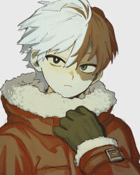 Rule 34 | 1boy, black eyes, black gloves, blue eyes, boku no hero academia, bright pupils, burn scar, closed mouth, coat, commentary request, fur-trimmed coat, fur trim, gloves, gomenne (gomechi), heterochromia, highres, looking at viewer, male focus, multicolored hair, red coat, red hair, scar, scar on face, short hair, solo, split-color hair, todoroki shouto, two-tone hair, upper body, white background, white hair, white pupils