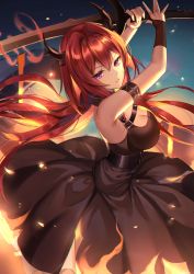 Rule 34 | 1girl, arknights, armband, arms up, bare shoulders, belt, black belt, black dress, breasts, cleavage, commentary request, cowboy shot, dress, hair between eyes, highres, holding, holding sword, holding weapon, horns, kernel killer, large breasts, left-handed, long hair, looking at viewer, parted lips, purple eyes, red hair, sleeveless, sleeveless dress, solo, surtr (arknights), sword, weapon