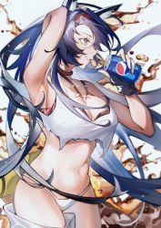 Rule 34 | 1girl, absurdres, animal ear fluff, animal ears, arknights, bikini, bikini bottom only, blaze (arknights), blue eyes, blue hair, breasts, brown choker, can, chinese commentary, choker, cleavage, collarbone, crop top, drink can, floating hair, hairband, highres, holding, holding can, long hair, lushi jin up, medium breasts, midriff, navel, official alternate costume, parted lips, pepsi, red hairband, smile, soda, soda can, solo, swimsuit, very long hair, white bikini
