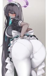 Rule 34 | 1girl, absurdres, ahoge, apron, ass, bannou ippoutsukou, bent over, black dress, black hair, blue archive, blue ribbon, blush, breasts, dark-skinned female, dark skin, dress, from behind, gloves, grey background, halo, headdress, highres, in mouth, karin (blue archive), large breasts, long hair, looking at viewer, looking back, maid, maid headdress, pantyhose, pleated dress, puffy short sleeves, puffy sleeves, ribbon, short sleeves, simple background, solo, thighs, white apron, white gloves, white headdress, white pantyhose, yellow eyes