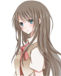 Rule 34 | 1girl, bad id, bad pixiv id, blue eyes, blush, brown hair, from side, hiro (hirohiro31), long hair, looking at viewer, looking to the side, neck ribbon, original, parted lips, red ribbon, ribbon, short sleeves, simple background, solo, upper body, white background