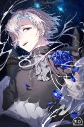 Rule 34 | 1boy, :d, absurdres, aqua hair, ascot, belt, black eyes, black gloves, black pants, black shirt, blue flower, blue gemstone, blue rose, blurry, blurry background, colored inner hair, flower, gem, glint, gloves, grey ascot, hair over one eye, highres, holding, holding flower, holding jewelry, holding necklace, holostars, jacket, jewelry, kio is here, looking at viewer, male focus, medium hair, multicolored hair, necklace, off shoulder, open mouth, pants, pearl necklace, petals, pink hair, purple belt, rose, shirt, sky, smile, solo, sparkle print, star (sky), starry sky, streaked hair, tower, upper body, utsugi uyu, virtual youtuber, white hair, white jacket, white shirt