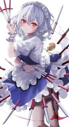 Rule 34 | 1girl, apron, blue dress, blue nails, braid, breasts, commentary request, dress, eyelashes, frilled apron, frills, green ribbon, hair between eyes, holding, holding knife, holster, izayoi sakuya, knife, knife sheath, knife sheath, long hair, looking at viewer, maid, maid apron, medium breasts, nail polish, open mouth, pocket watch, puffy short sleeves, puffy sleeves, red eyes, ribbon, sakizaki saki-p, sash, sheath, short sleeves, simple background, solo, thigh holster, touhou, twin braids, waist apron, watch, weapon, white apron, white background, white hair, white sash, wrist cuffs