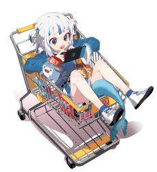 Rule 34 | 1girl, absurdres, bag of chips, bloop (gawr gura), blue hair, blue hoodie, bottle, brand name imitation, candy, chips (food), fins, fish tail, food, gachop99, gawr gura, hair ornament, handheld game console, highres, hololive, hololive english, holomyth, hood, hoodie, lollipop, multicolored hair, playing games, shark, shark tail, shoes, shopping cart, simple background, tail, two-tone hair, two side up, virtual youtuber, white background, white hair