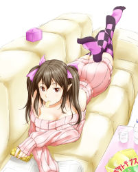 Rule 34 | 1girl, ass, bare shoulders, bottle, breasts, brown eyes, brown hair, cellphone, checkered clothes, checkered legwear, checkered thighhighs, chips (food), cleavage, couch, cup, feet, female focus, food, from above, hat, unworn hat, unworn headwear, highres, himekaidou hatate, large breasts, long hair, looking at viewer, looking up, lying, mouth hold, niwatazumi, no shoes, off-shoulder, off-shoulder sweater, off shoulder, on stomach, phone, pointy ears, purple thighhighs, ribbed sweater, sketch, solo, sweater, thighhighs, touhou, twintails