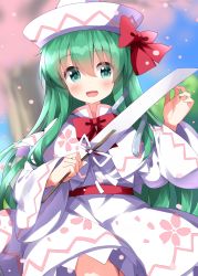 Rule 34 | 1girl, bow, bowtie, capelet, cosplay, cowboy shot, dress, frilled capelet, frilled dress, frills, gohei, green eyes, green hair, happy, hat, hat bow, highres, kochiya sanae, lily white, lily white (cosplay), long hair, long sleeves, one-hour drawing challenge, oonusa, open mouth, pointy hat, red bow, red bowtie, red sash, ruu (tksymkw), sash, solo, touhou, very long hair, white capelet, white dress, white hat, wide sleeves
