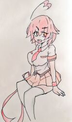 Rule 34 | 1girl, aino heart, arcana heart, arm support, breasts, brown eyes, large breasts, legs, necktie, open mouth, pink hair, school uniform, short hair, sitting, skirt, smile, solo, thighs, traditional media