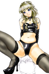 Rule 34 | 1boy, 1girl, arm support, bare shoulders, black gloves, black legwear, blonde hair, blue eyes, breasts, cleavage, collar, elbow gloves, femdom, gankisuki, gloves, high heels, highres, leaning back, lips, lipstick, makeup, navel, simple background, sitting, sitting on face, sitting on person, smile, white background