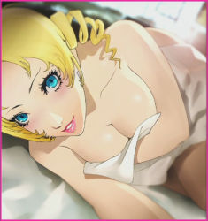 Rule 34 | 1girl, atlus, blonde hair, breasts, catherine, catherine (game), cleavage, large breasts, lowres, short twintails, smile, soejima shigenori, solo, twintails