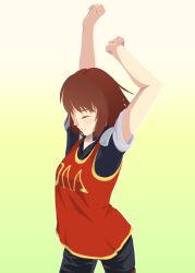 Rule 34 | 1girl, arc the lad, arc the lad iii, arms up, brown hair, cheryl (arc the lad), closed eyes, closed mouth, highres, roasted burnt c, short hair, simple background, solo, stretching