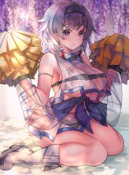 Rule 34 | 1girl, azur lane, bad id, bad pixiv id, black hairband, blue collar, breasts, cheerleader, collar, commentary request, eagle union (emblem) (azur lane), from side, grey hair, hairband, highres, holding, holding pom poms, large breasts, looking at viewer, open mouth, parted hair, pom pom (cheerleading), pom poms, purple eyes, reno (azur lane), reno (biggest little cheerleader) (azur lane), see-through, see-through skirt, shibaebi (yasaip game), short hair, sitting, skirt, solo, two-tone skirt