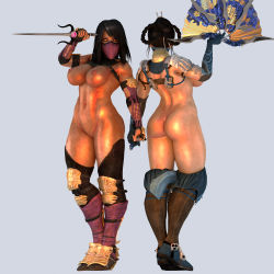 Rule 34 | 1girl, 2girls, 3d, a reyko, abs, absurdres, armor, ass, back, bare back, black hair, blue gloves, bracelet, breasts, cleavage, curvy, dark-skinned female, dark skin, female focus, full body, gloves, gold, highres, holding, huge ass, jewelry, kitana, large breasts, legs, mask, mileena (mortal kombat), mortal kombat (series), multiple girls, navel, nipples, nude, pink gloves, pussy, shiny skin, stomach, thick thighs, thighhighs, thighs, uncensored, weapon, wide hips, yellow eyes
