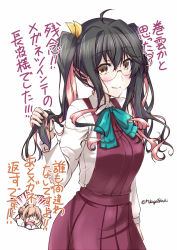 Rule 34 | 10s, 2girls, 3 3, ahoge, alternate hairstyle, bespectacled, black hair, blush, borrowed clothes, dress, dress shirt, emphasis lines, unworn eyewear, glasses, grin, hair ribbon, holding, holding hair, kantai collection, looking at viewer, makigumo (kancolle), meme, mikage takashi, multicolored hair, multiple girls, naganami (kancolle), open mouth, pink hair, red dress, ribbon, round eyewear, shirt, smile, too bad! it was just me! (meme), translation request, twintails, twintails day