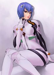 Rule 34 | 00s, 1girl, ayanami rei, blue hair, bob cut, evangelion: 2.0 you can (not) advance, highres, lips, looking at viewer, neon genesis evangelion, plugsuit, rebuild of evangelion, red eyes, sitting, skin tight, zonda (solid air)