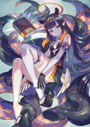 Rule 34 | 1girl, :/, absurdres, ao-chan (ninomae ina&#039;nis), barefoot, black gloves, black hair, blue eyes, book, breasts, closed mouth, commentary, detached sleeves, full body, gloves, glowing, halo, head tilt, highres, hololive, hololive english, linea alba, long hair, looking at viewer, mole, mole under eye, ninomae ina&#039;nis, ninomae ina&#039;nis (1st costume), platform clogs, platform footwear, pointy ears, single detached sleeve, single thighhigh, small breasts, solo, suzaku (zaku6584), tentacles, thighhighs, very long hair, virtual youtuber, white thighhighs