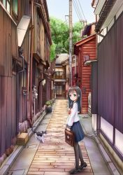 Rule 34 | 1girl, absurdres, alley, bag, bell, black footwear, black hair, black pantyhose, blue eyes, bob cut, box, briefcase, cardboard box, collar, day, drainpipe, forest, gotou hisashi, highres, holding, house, light smile, loafers, long hair, looking at viewer, nature, neck bell, open door, original, pantyhose, plant, pole, potted plant, power lines, sailor collar, school bag, school uniform, serafuku, shoes, signature, skirt, sky, solo, tree, vanishing point