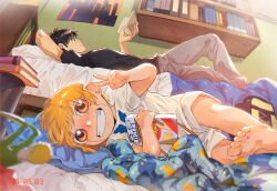 Rule 34 | 2boys, barefoot, bed, blonde hair, blush, book, bookshelf, child, commentary request, food, gash bell, highres, holding, holding book, konjiki no gash!!, looking at viewer, male focus, multiple boys, pocky, poster (object), t k g, takamine kiyomaro, teeth, toy, v, viewfinder