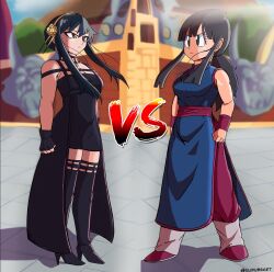 Rule 34 | 2girls, black hair, blue eyes, chi-chi (dragon ball), cleft of venus, crossover, day, dragon ball, dragon ball (classic), face-to-face, full body, highres, long hair, multiple girls, pelvic curtain, ponytail, red eyes, serious, sidelocks, skirt, spy x family, standing, vs, yor briar