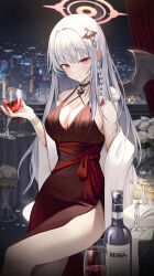 Rule 34 | 1girl, alternate costume, bare shoulders, black wings, blanc (blanc97), blue archive, blush, braid, breasts, cup, demon wings, dress, grey hair, halo, haruna (blue archive), highres, holding, holding cup, long hair, looking at viewer, medium breasts, red dress, red eyes, red halo, side braid, single wing, smile, solo, white hair, wing ornament, wing piercing, wings