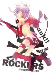Rule 34 | 1boy, ass, boots, chain, earrings, elbow gloves, fang, full body, gloves, guitar, hiiragi jun, instrument, jewelry, male focus, onegai my melody, purple hair, sanrio, smile, solo, tail, topless male, white background, yoshizuna