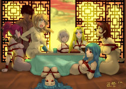 Rule 34 | 1boy, 6+girls, :d, :t, ^ ^, absurdres, ahoge, angry, aqua hair, arm support, arms behind back, bdsm, blonde hair, blue eyes, blunt bangs, bondage, bound, bound wrists, breast bondage, breasts, briefs, brown hair, chen zi, closed eyes, cloud, collar, collarbone, crotch rope, cup, d:, dark-skinned male, dark skin, eating, eyelashes, food, fruit, grimace, harem, highres, indoors, kotatsu, large breasts, light purple hair, looking at another, looking at viewer, lying, male underwear, mandarin orange, medium breasts, multiple girls, navel, nipples, nude, on back, on floor, open mouth, original, panties, ponytail, pout, profile, purple hair, reclining, red eyes, red hair, red rope, restrained, rope, shibari, signature, sitting, slave, small breasts, smile, smirk, sunset, sweatdrop, table, tying, under kotatsu, under table, underwear, yellow eyes