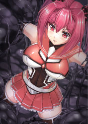 Rule 34 | 1girl, ahoge, breasts, chicken (chickenx), covered navel, cowboy shot, from above, hair between eyes, hair intakes, highres, large breasts, legs apart, original, pleated skirt, red eyes, red hair, red skirt, restrained, shiny clothes, shiny skin, short hair, skirt, solo, surprised