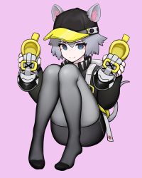 Rule 34 | 1girl, absurdres, animal ears, arknights, backpack, bag, bingbingzi, black pantyhose, blue eyes, click (arknights), feet, hat, highres, holding, holding shoes, looking at viewer, mouse ears, mouse girl, mouse tail, pantyhose, pink background, shoes, short hair, silver hair, tail