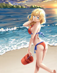 Rule 34 | 1girl, absurdres, ass, bandeau, barefoot, beach, bikini, blonde hair, blue eyes, breasts, bucket, cleavage, cloud, covered navel, cyta celest, day, from behind, heart, heart-shaped pupils, highres, holding, holding bucket, leg up, looking at viewer, looking back, low ponytail, mountain, multicolored bikini, multicolored clothes, open mouth, outdoors, red bikini, rodney (warship girls r), shadow, short ponytail, side-tie bikini bottom, side ponytail, sideboob, sky, smile, solo, strapless, strapless bikini, sunlight, swimsuit, symbol-shaped pupils, warship girls r, waves