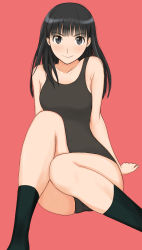 Rule 34 | 1girl, amagami, ayatsuji tsukasa, black eyes, black hair, black socks, blunt bangs, breasts, closed mouth, commentary request, competition swimsuit, highres, long hair, looking at viewer, one-piece swimsuit, red background, sitting, smile, socks, solo, swimsuit, takemi kaoru