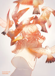 Rule 34 | 1boy, 2013, androgynous, artist name, bird, closed eyes, flying, happy, loika, male focus, navel, open mouth, original, pointy ears, shirt, short hair, smile, solo, watermark, white hair, white shirt