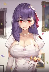 Rule 34 | 1girl, :d, blood, blush, breasts, candy, cleavage, collarbone, commentary request, confetti, covered navel, crescent, crescent earrings, earrings, elbow gloves, fate/stay night, fate (series), food, gloves, hair between eyes, hair ribbon, heaven&#039;s feel, highres, holding, jewelry, large breasts, long hair, looking at viewer, matou sakura, necklace, official alternate costume, open mouth, picture frame, puffy short sleeves, puffy sleeves, purple hair, red eyes, red ribbon, ribbon, shirt, short sleeves, smile, solo, standing, star (symbol), star earrings, suou-sensei, upper body, white gloves, white shirt