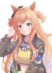 Rule 34 | 1girl, animal ears, bomber jacket, crop top, crop top overhang, dog tags, green jacket, highres, horse ears, jacket, jungle, light blush, long hair, long sleeves, looking at viewer, mayano top gun (umamusume), nature, navel, open clothes, open jacket, open mouth, orange hair, simple background, solo, two side up, umamusume, upper body, white background, yukke jan