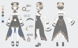 Rule 34 | 1girl, akino ell, black bow, black footwear, black hairband, black skirt, blue eyes, blush, bow, breasts, brown hair, center frills, character sheet, closed mouth, clothing cutout, color guide, crescent, detached sleeves, frills, gear hair ornament, grey background, hair ornament, hairband, high heels, highres, horns, indie virtual youtuber, kururu otogi, long sleeves, medium breasts, multiple views, navel, navel cutout, pleated skirt, pocket watch, profile, puffy long sleeves, puffy sleeves, roman numeral, shirt, shoes, simple background, skirt, sleeveless, sleeveless shirt, sleeves past fingers, sleeves past wrists, smile, thighhighs, translation request, virtual youtuber, watch, white shirt, white thighhighs, x hair ornament