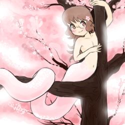 Rule 34 | 1girl, blush, brown hair, cherry blossoms, flat chest, flower, flower on head, glasses, holding, lamia, leaning to the side, lowres, monster girl, navel, pectorals, pink flower, semi-rimless eyewear, short hair, siki (purple software), smile, solo, tree