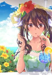 Rule 34 | 1girl, alternate costume, blue sky, brown eyes, brown hair, bush, collarbone, cup, day, dress, drinking glass, drinking straw, flower, green dress, hair between eyes, hair ribbon, hat, highres, kantai collection, long hair, looking at viewer, ocean, outdoors, red flower, ribbon, short sleeves, sky, solo, sun hat, tone (kancolle), twintails, upper body, yami (m31), yellow flower