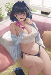 Rule 34 | 1girl, absurdres, black panties, blue eyes, blue hair, blush, breasts, cleavage, couch, crop top, glasses, hair between eyes, hair intakes, highres, hololive, hololive english, large breasts, looking at viewer, navel, nintendo switch, on couch, open mouth, ouro kronii, panties, phone, short hair, smile, solo, sunai, underwear, virtual youtuber, window