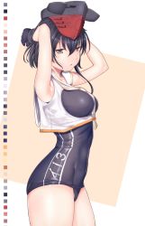 Rule 34 | 10s, 1girl, armpits, arms behind head, asymmetrical hair, black hair, blue one-piece swimsuit, blush, breasts, brown eyes, character name, chiyo goya, cowboy shot, framed breasts, from side, gloves, hair between eyes, headphones, highres, i-13 (kancolle), kantai collection, looking at viewer, medium breasts, one-piece swimsuit, partially fingerless gloves, sailor collar, school swimsuit, short hair, single glove, solo, swimsuit, thighs, tsurime