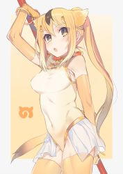 Rule 34 | 10s, 1girl, animal ears, arm up, bangle, blonde hair, bracelet, breasts, brown eyes, circlet, contrapposto, covered erect nipples, cow (shadow), cowboy shot, elbow gloves, gloves, golden snub-nosed monkey (kemono friends), japari symbol, jewelry, kemono friends, leotard, medium breasts, monkey ears, monkey tail, polearm, ponytail, simple background, solo, standing, tail, thighhighs, weapon, yellow eyes, yellow thighhighs