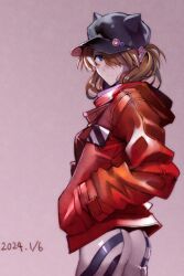Rule 34 | 1girl, 2024, ass, blue eyes, bodysuit, breasts, brown hair, dated, evangelion: 3.0+1.0 thrice upon a time, hair over one eye, hands in pockets, hat, highres, interface headset, jacket, long hair, looking at viewer, looking back, neon genesis evangelion, plugsuit, rebuild of evangelion, red jacket, shiny clothes, simple background, solo, souryuu asuka langley, white bodysuit, wide hips, yagisawa teru