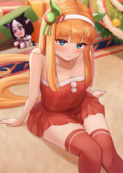 Rule 34 | 1girl, absurdres, animal ears, arugou, bare shoulders, blue eyes, blunt bangs, blurry, blurry background, breasts, christmas, christmas tree, dress, ear covers, hairband, highres, hime cut, horse ears, horse girl, horse tail, long hair, looking at viewer, orange hair, red dress, red thighhighs, sidelocks, silence suzuka (umamusume), sitting, small breasts, smile, special week (umamusume), stuffed toy, tail, thighhighs, umamusume, white hairband