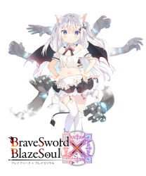Rule 34 | 1girl, animal ear fluff, animal ears, apron, black skirt, black wings, blue eyes, blush, braid, brave sword x blaze soul, cat ears, character request, closed mouth, commentary request, copyright name, demon girl, demon tail, demon wings, full body, garter straps, hair between eyes, hands on own hips, long hair, looking at viewer, miniskirt, navel, off-shoulder shirt, off shoulder, official art, pleated skirt, puffy short sleeves, puffy sleeves, shirt, short sleeves, silver hair, skirt, solo, tail, thighhighs, thighhighs pull, twin braids, two side up, very long hair, waist apron, white apron, white background, white shirt, white thighhighs, wings, yuizaki kazuya