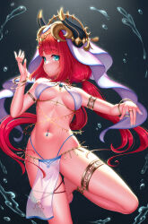 Rule 34 | 1girl, armlet, bangle, bare shoulders, barefoot, blue eyes, blue nails, blue panties, blunt bangs, body chain, bracelet, breasts, breasts apart, brooch, closed mouth, commentary request, cowboy shot, dancer, genshin impact, harem outfit, highleg, highleg panties, highres, hydrokinesis, jewelry, large breasts, leg up, light smile, loincloth, long hair, looking at viewer, low twintails, ming (3952862), nail polish, navel, navel piercing, nilou (genshin impact), panties, piercing, red hair, revealing clothes, ring, solo, standing, standing on one leg, stomach, thighlet, thighs, toenail polish, toenails, turning head, twintails, underwear, veil, water