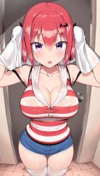 Rule 34 | 1girl, absurdres, alternate breast size, blush, bra visible through clothes, breasts, cleavage, collarbone, curvy, denim, denim shorts, drying, drying hair, gabriel dropout, greatmosu, hair between eyes, hair ornament, highres, large breasts, looking at viewer, open mouth, purple eyes, red hair, satanichia kurumizawa mcdowell, shirt, short shorts, shorts, simple background, skindentation, striped clothes, striped shirt, thick thighs, thigh gap, thighhighs, thighs, towel, v-neck, wet, wet clothes, wet hair, white thighhighs