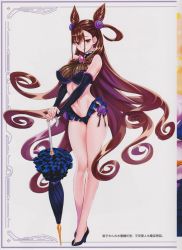 Rule 34 | 1girl, absurdres, adapted costume, bare shoulders, bikini, black footwear, breasts, brown hair, closed mouth, fate/grand order, fate (series), frills, full body, hair ornament, high heels, highres, holding, huge filesize, large breasts, lips, long hair, looking at viewer, matsuryuu, murasaki shikibu (fate), murasaki shikibu (swimsuit rider) (fate), navel, purple eyes, scan, simple background, solo, standing, stomach, swimsuit, thighs, umbrella, white background