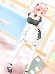 Rule 34 | 1girl, alternate costume, apron, arms behind back, blush, breasts, cleavage, enmaided, female focus, frilled thighhighs, frills, headphones, highres, large breasts, long hair, looking at viewer, maid, maid apron, maid headdress, nitroplus, noppi (noppi 98), pink hair, red eyes, smile, solo, super sonico, thighhighs, tray, white thighhighs, zettai ryouiki